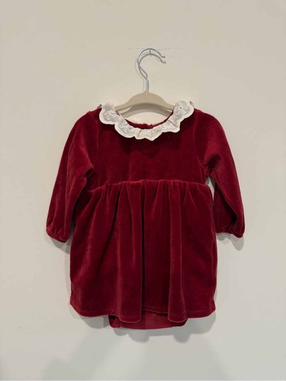 H&M Velvet Burgundy Baby Dress with White Lace Collar NWT